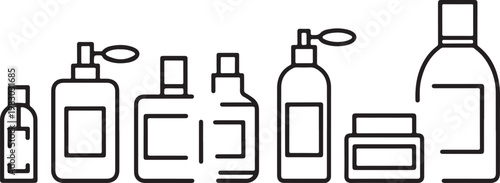 Minimalist black and white line art illustration of several different perfume and lotion bottles. isolated on transparent background, Vector, illustration