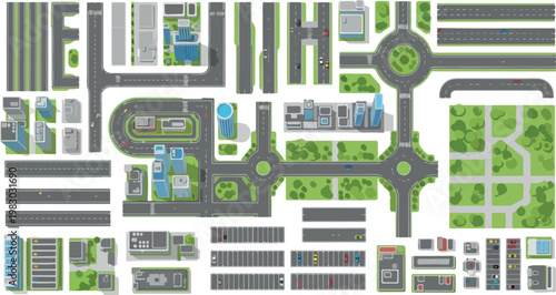 Isometric city map constructor kit, urban infrastructure elements with roads and buildings, modular street layout vector set for town planning