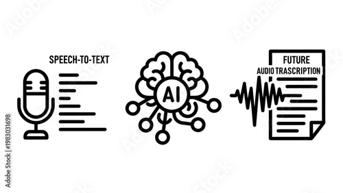 Artificial intelligence voice recognition and speech to text transcription concept icons set for automated audio processing and digital translation with artificial intelligence transcription