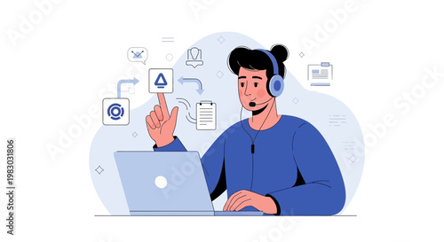 Customer support agent with headset and laptop, interacting with digital icons