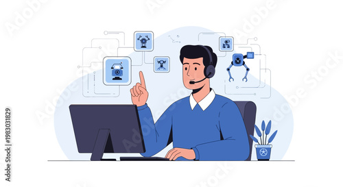 Customer support agent with headset interacting with AI robots and computer interface