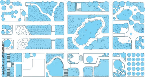 Landscape architecture site plan symbols, blue master plan vector elements for garden design, urban park layout icons with trees and ponds
