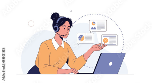 Customer support operator with headset and laptop, presenting data charts and analytics