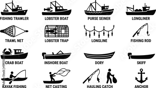 Flat design vector illustration of various fishing boats and gear set with icons