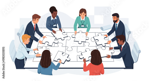 Diverse business team assembling a large jigsaw puzzle, teamwork and collaboration concept