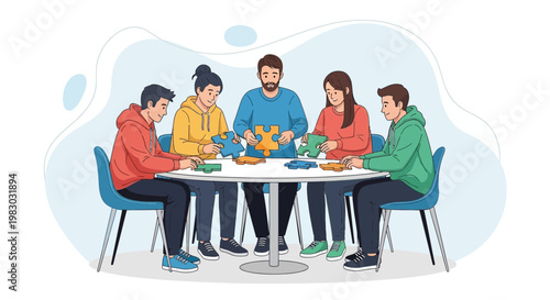 Diverse group of people collaborating on a puzzle, teamwork and problem solving concept