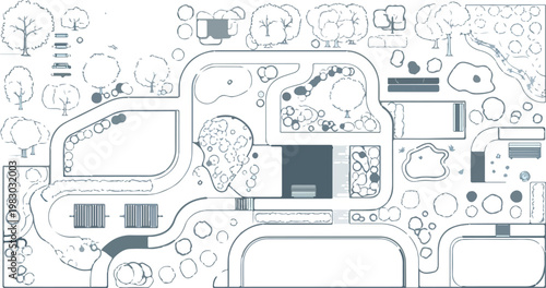 Minimalist landscape architectural site plan, technical drawing of park layout with trees and paths, urban planning vector illustration