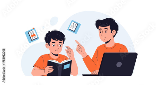 Father teaching son using laptop and book, online education concept