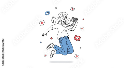 Happy Girl Jumping with Camera and Social Media Icons, Content Creator Concept