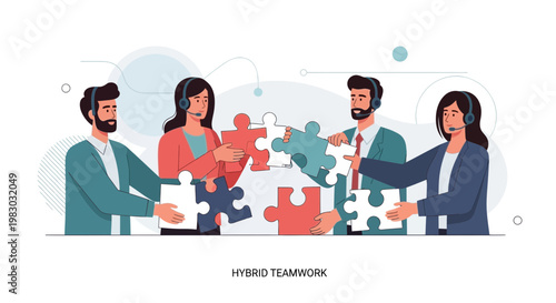 Hybrid Teamwork: People assembling jigsaw puzzle pieces, representing collaboration and problem-solving.