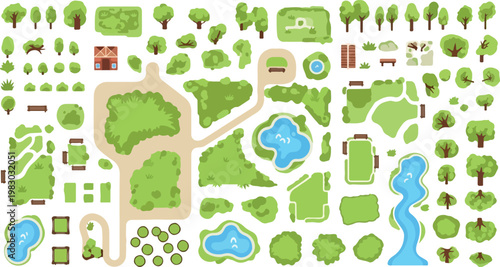 Flat landscape map elements set, green park trees and garden plants vector, outdoor environment design kit with ponds and paths for city planning