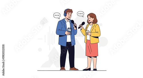 Journalist interviewing person with microphones and headphones, flat illustration