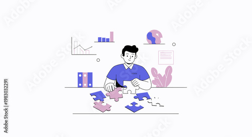 Man assembling jigsaw puzzle pieces, business strategy and problem solving concept