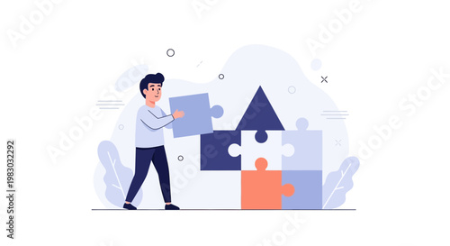 Man assembling jigsaw puzzle pieces, building strategy, teamwork, problem solving concept