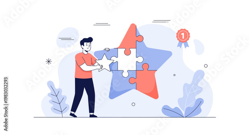 Man assembling a star puzzle, representing teamwork, success, and achievement