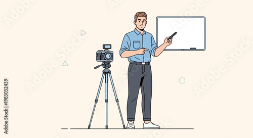Man filming presentation with camera and whiteboard, online teaching concept