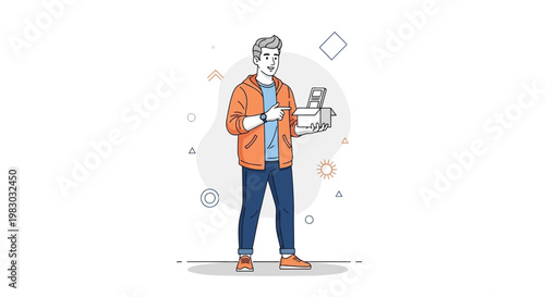Man holding a box, pointing to it, modern illustration, delivery concept