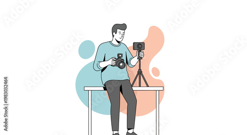 Man holding camera and smartphone on tripod, creating content, vlogging, photography concept