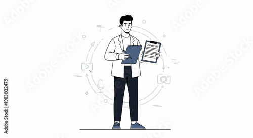 Man holding clipboard with content list, surrounded by media icons in a circular flow