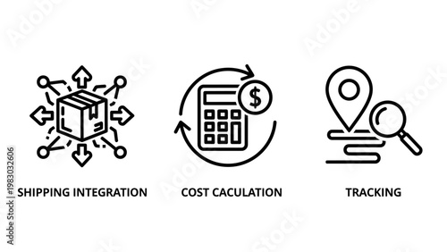 Logistics and e-commerce shipping icons including shipping integration box cost calculation calculator with currency symbol and tracking location pin with magnifying glass e commerce shipping
