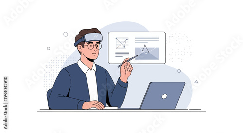 Man in VR headset presenting with laptop and screen, virtual reality technology concept