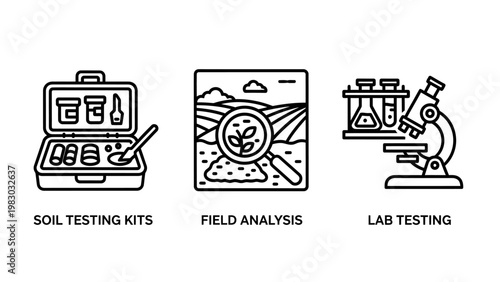 Agricultural soil and field analysis icons including a portable soil testing kit field magnifying glass over crops and laboratory science equipment with a microscope analysis laboratory agriculture