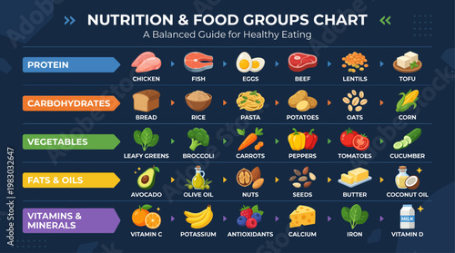Nutrition Food Chart Infographic – Healthy Diet Categories with Protein, Carbs, Vegetables, Fats and Vitamins