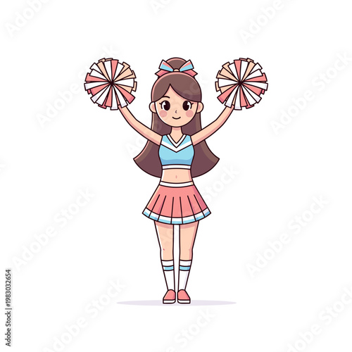 Cheerleader girl holding pom-poms and smiling in cartoon style  