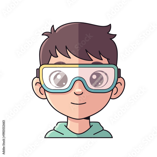 Adolescent boy wearing LED glasses and smiling for illustration  