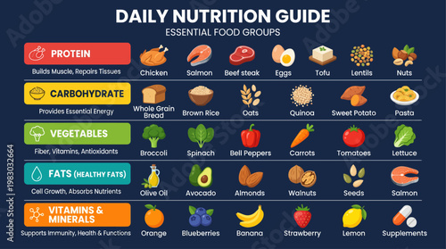 Nutrition Food Chart Infographic – Healthy Diet Categories with Protein, Carbs, Vegetables, Fats and Vitamins