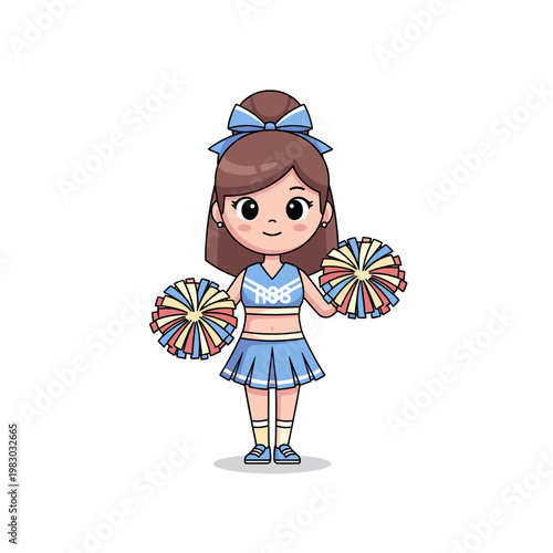 Cheerful girl holding pom-poms in blue cheerleading outfit. Cheerleader holding pom-poms