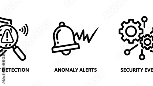 Cybersecurity threat detection and system monitoring icons for anomaly alerts and network security events management in professional information technology environments with security, cybersecurity