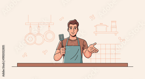 Chef with Spatula in Kitchen, Cooking Concept, Illustration