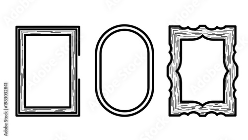 Set of three different empty picture frame borders including rectangular oval and decorative ornate designs for art photography and graphic design projects with rectangle decorative mounting