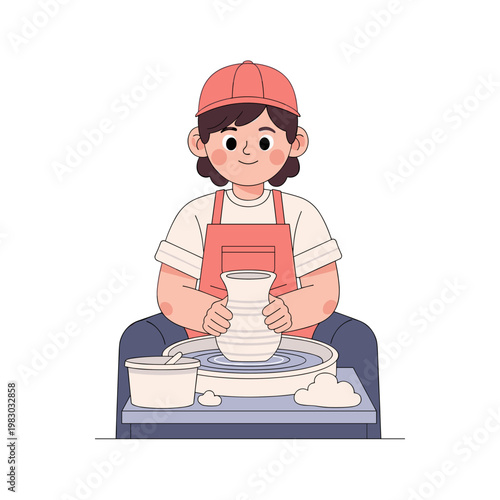 Teen making pottery on wheel while sitting at workshop table  