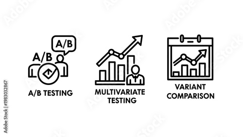Digital marketing analytics icons for ab testing multivariate analysis and variant comparison business performance metrics with marketing multivariate comparison analysis analytics business