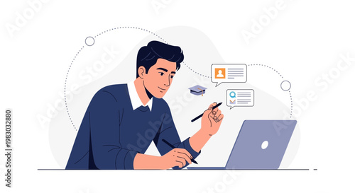 Man learning online with laptop, graduation cap, and chat bubbles