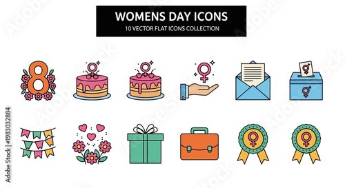 Womens Day icons collection featuring cake, roses, gifts, and awards
