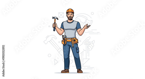 Construction worker with hammer and tool belt, illustration, handyman, builder, DIY