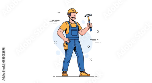 Construction worker with hammer, yellow helmet and blue overalls, illustration