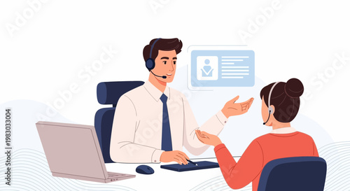 Customer service agents in a call center, online communication, remote work, teamwork