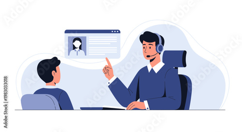 Customer service agent with headset talking to client during video call interview