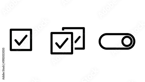 User interface selection icons displaying single checkbox multi selection option and mobile app on off toggle switch component with interface checkbox selection settings navigation interactive