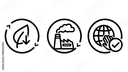 Sustainability and industrial management icons featuring environmental leaf logo factory emission control and global compliance checkmark sustainability environment industry checkmark pollution