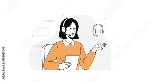 Customer service operator with headset, holding notebook, explaining information, vector illustration