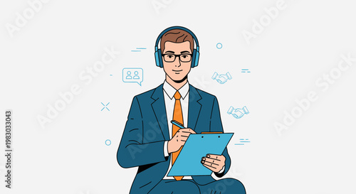 Customer service representative with headphones and clipboard, business concept
