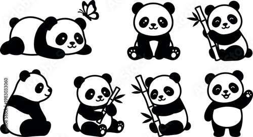 Black and white panda bear sitting lying and holding bamboo line art vector