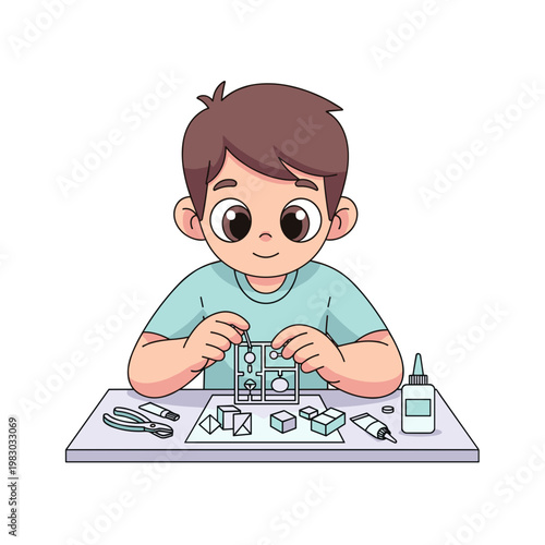 Young boy assembling model kit at table with crafting tools. Teenager building model kit