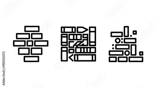 Architectural masonry and construction icons representing brick wall patterns technical block layouts and structural building elements with construction building architecture structure blueprint