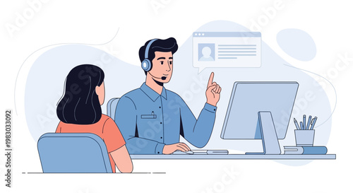 Customer support agent assisting client with headset and computer, online communication
